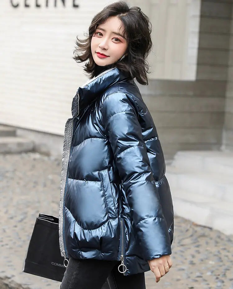Shiny Down Jacket for Women, Short Winter Fashion