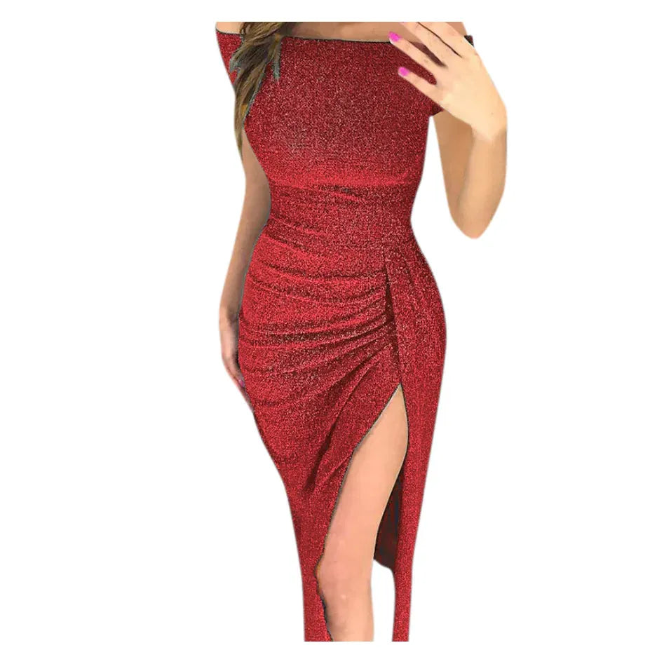Lumière Noire Off-Shoulder Shimmer Bodycon Split Gown