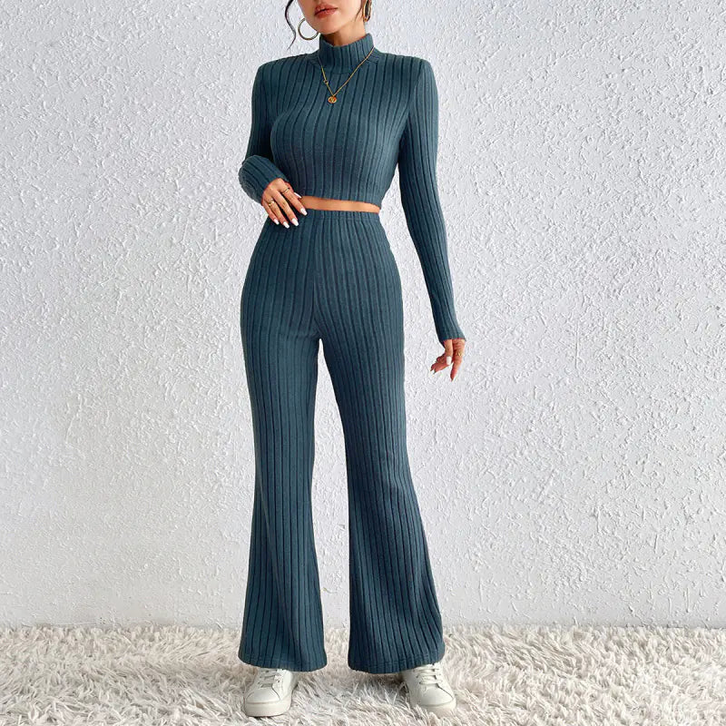 Vanessa Color Knitted Long Sleeve Turtleneck and Wide-Leg High-Waist Trousers Suit for Girls"