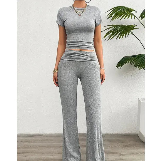 "Chic Solid Color Short Sleeve Trousers Suit"