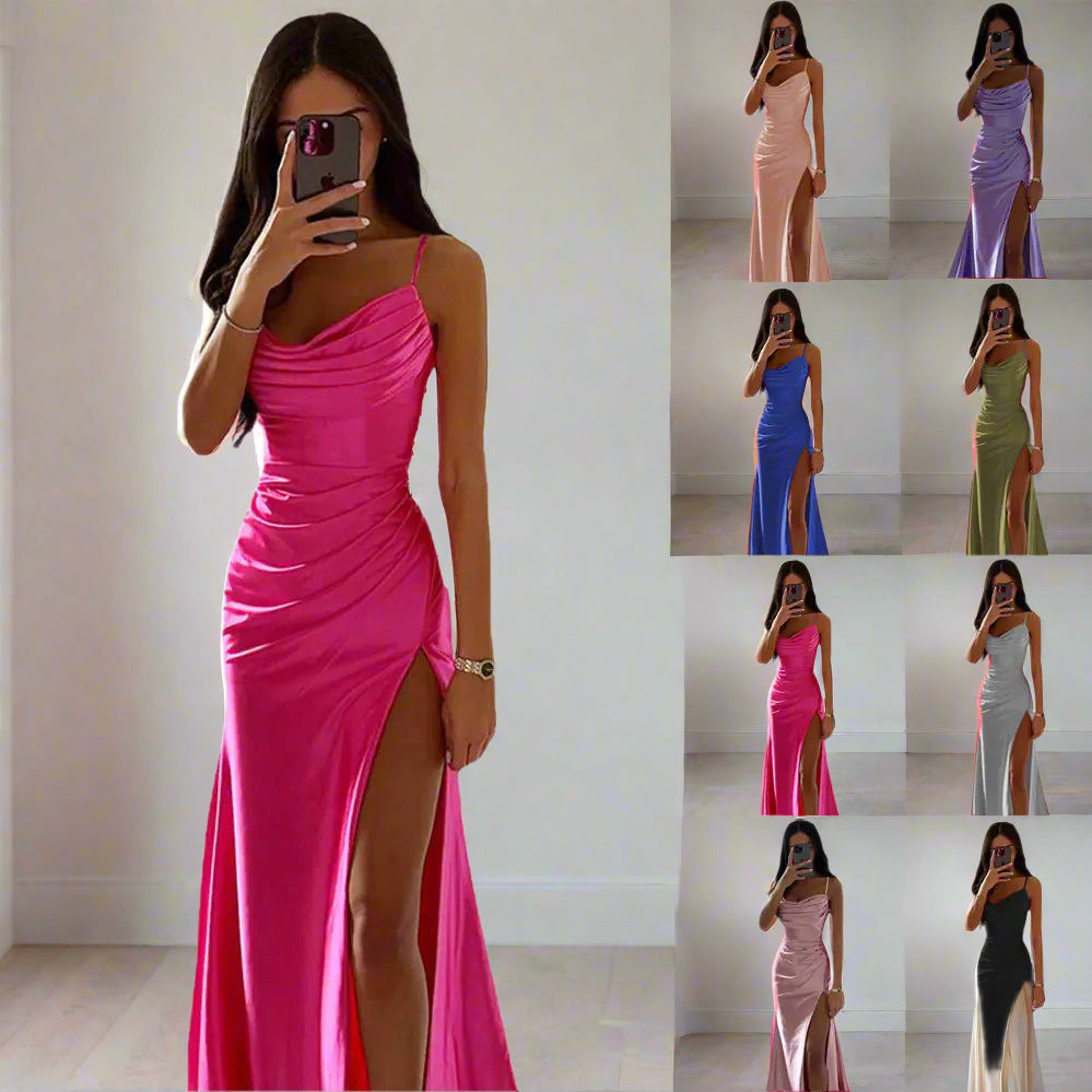 Strapless Pleated Satin Slit Dress