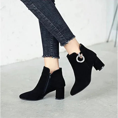 Chunky Heel Ankle High Suede Short Boots