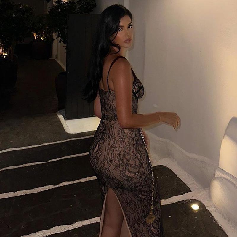 Lace Spliced Sling Long Dress