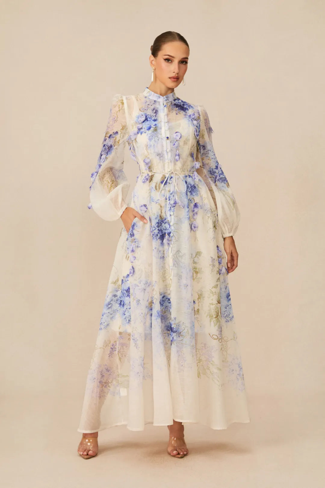 Elodie Embroidered One-Shoulder Gown