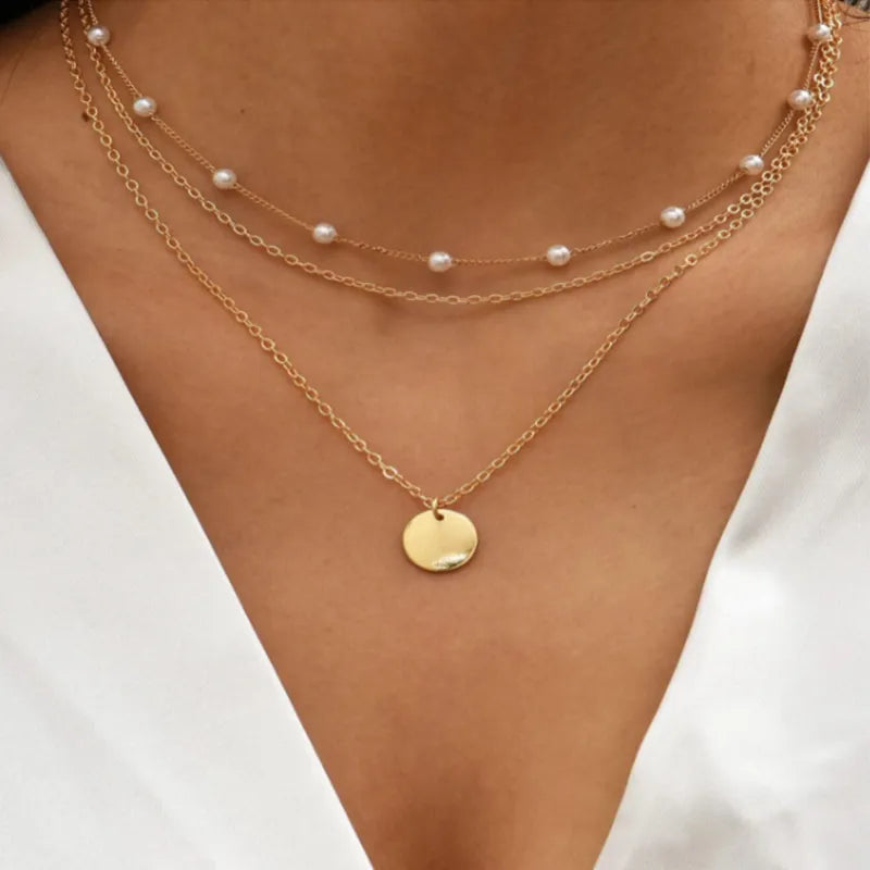 Stacked Star Pearl Clavicle Chain Simple