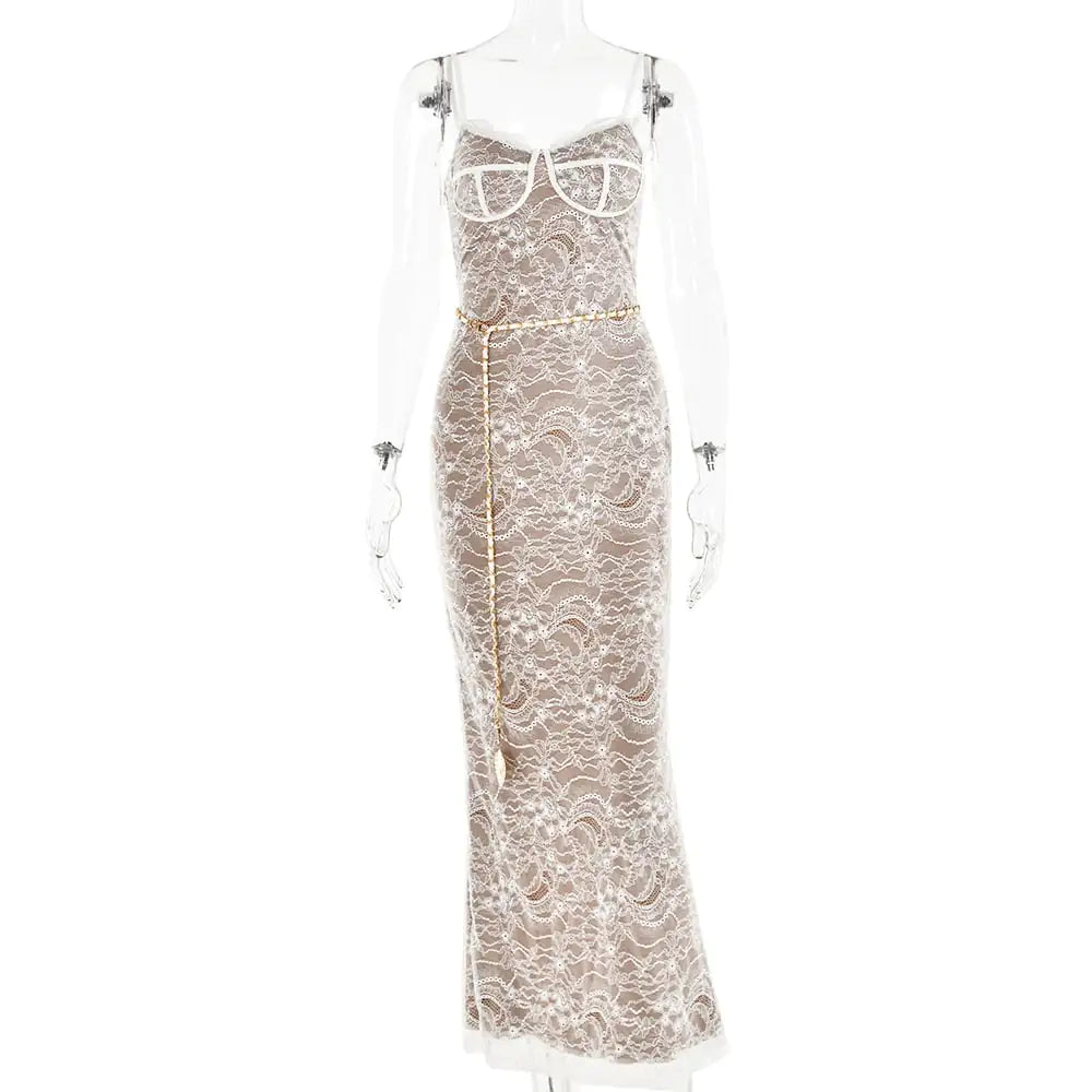Lace Spliced Sling Long Dress