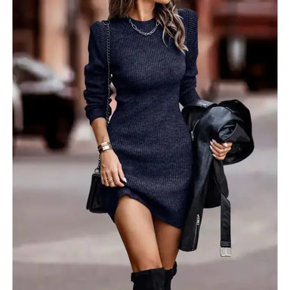Solid Color Round Neck Long Sleeve Sexy Dress Sweater