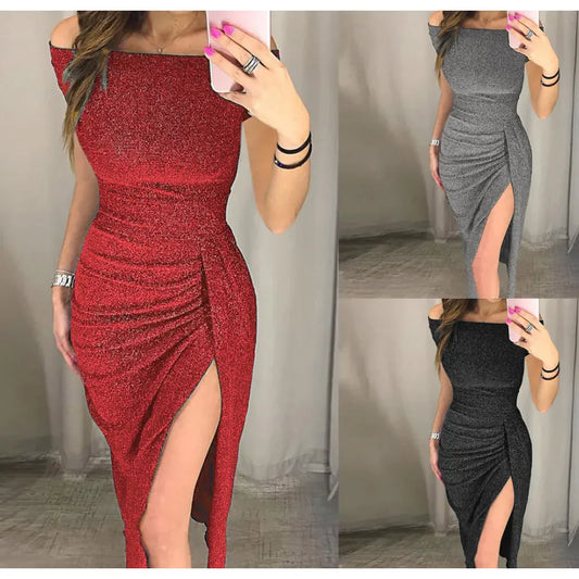 Lumière Noire Off-Shoulder Shimmer Bodycon Split Gown