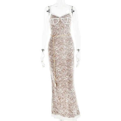 Lace Spliced Sling Long Dress