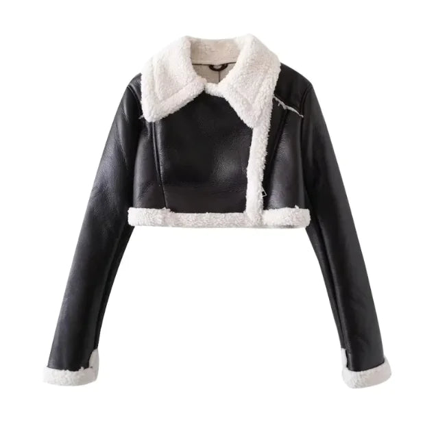 Marvette – Vintage Faux Leather Fur-Collar Jacket