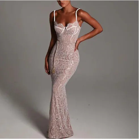 Lace Spliced Sling Long Dress