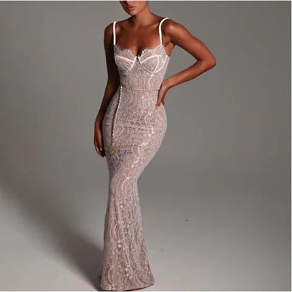 Lace Spliced Sling Long Dress