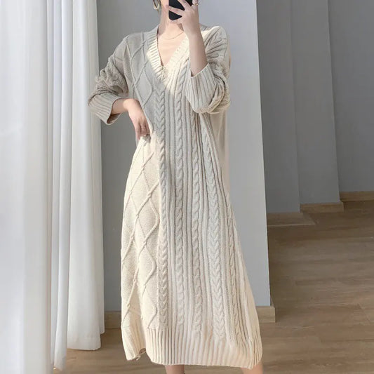 Apricot Cable-Knit Sweater Dress