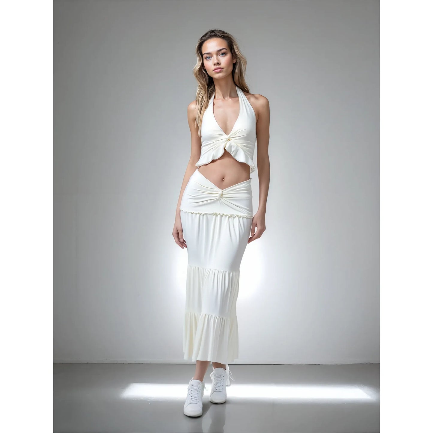 Twist & Ruffle – V-Neck Halter Two-Piece Set