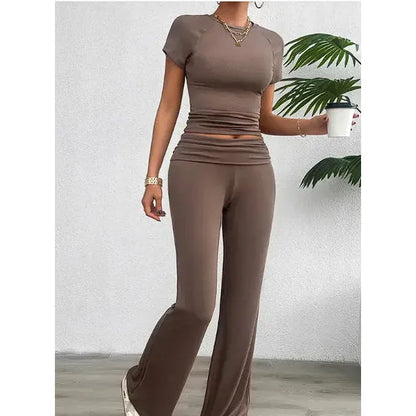 "Chic Solid Color Short Sleeve Trousers Suit"