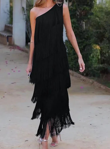Helena - Elegant Asymmetrical Fringe Dress