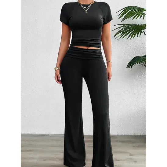 "Chic Solid Color Short Sleeve Trousers Suit"