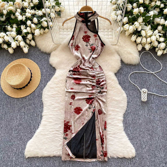 Suna Vintage Pattern Slim Cheongsam Dress