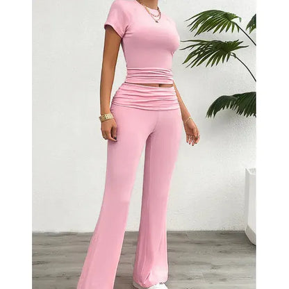"Chic Solid Color Short Sleeve Trousers Suit"