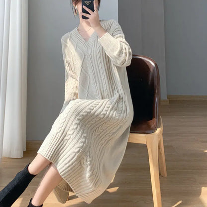 Apricot Cable-Knit Sweater Dress
