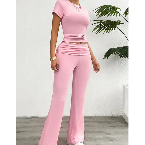 "Chic Solid Color Short Sleeve Trousers Suit"