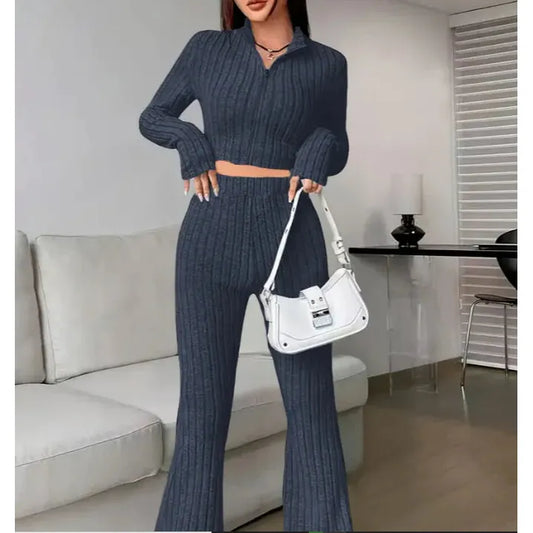 Vanessa Color Knitted Long Sleeve Turtleneck and Wide-Leg High-Waist Trousers Suit for Girls"