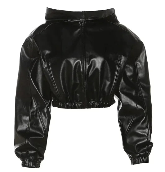 Roxelle – Cropped PU Leather Hooded Jacket