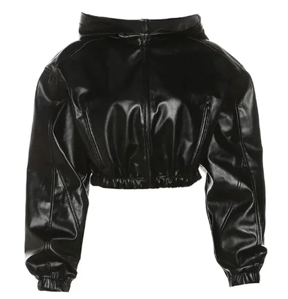 Roxelle – Cropped PU Leather Hooded Jacket