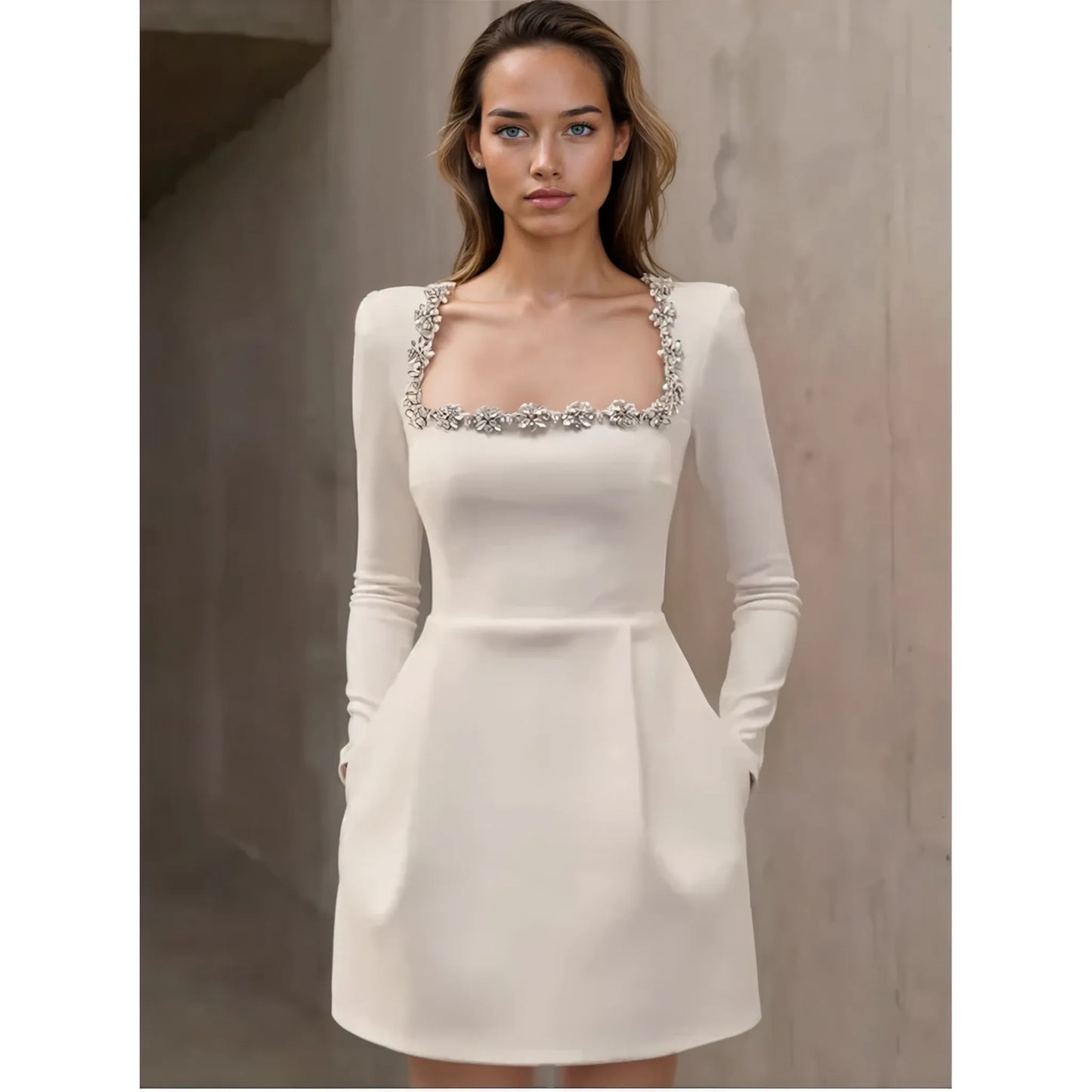 Ivory Icon White Long Sleeve Socialite Dress with Metal Details