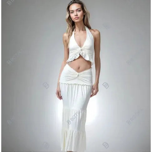 Twist & Ruffle – V-Neck Halter Two-Piece Set