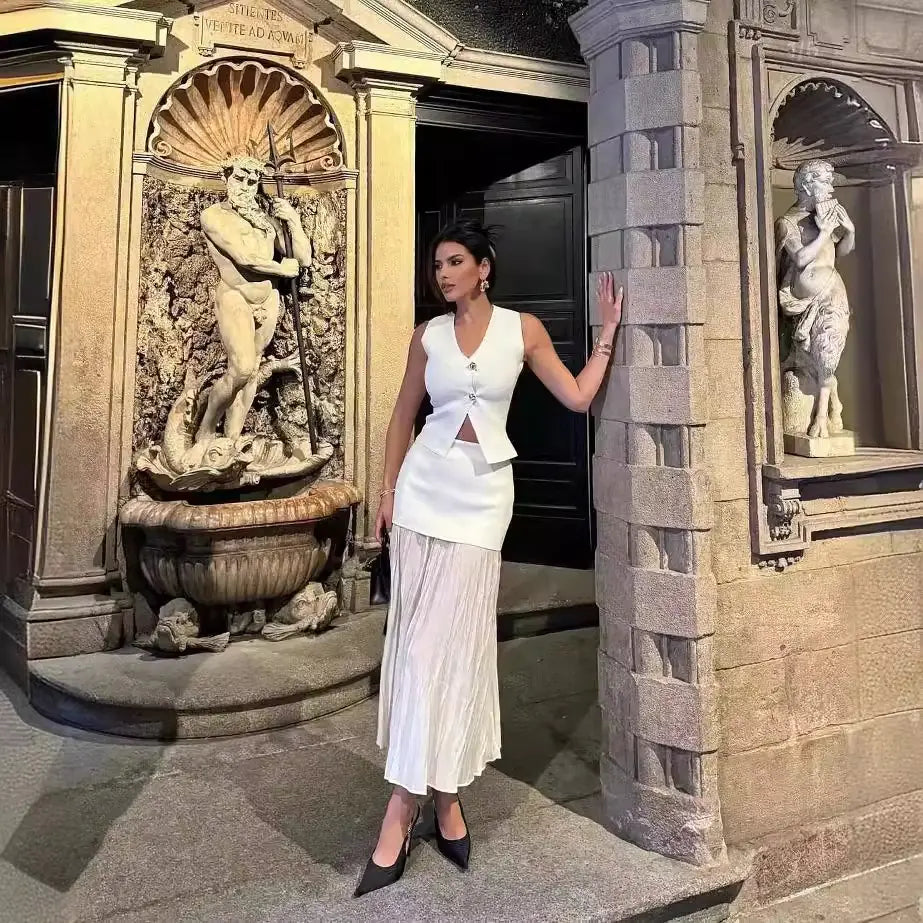 Women's Knitted Vest & Pleated Skirt Set