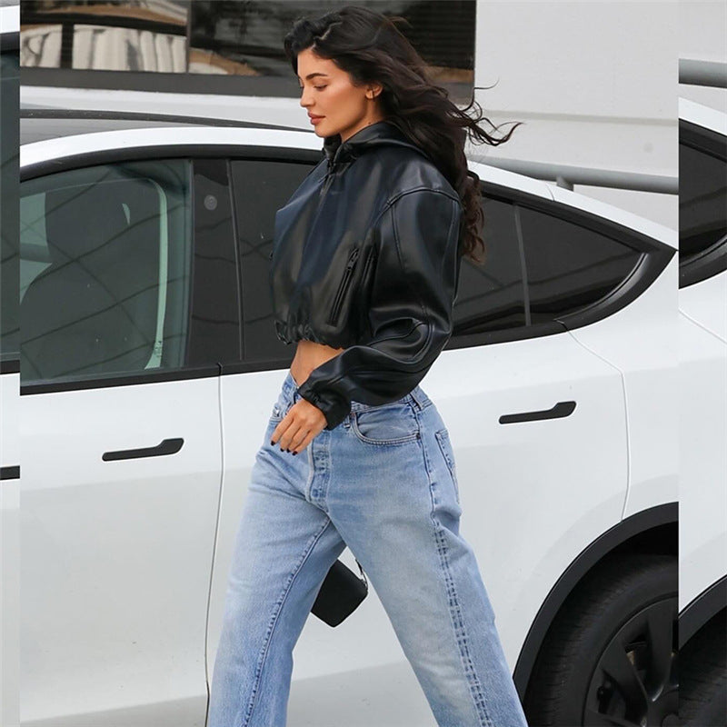 Roxelle – Cropped PU Leather Hooded Jacket