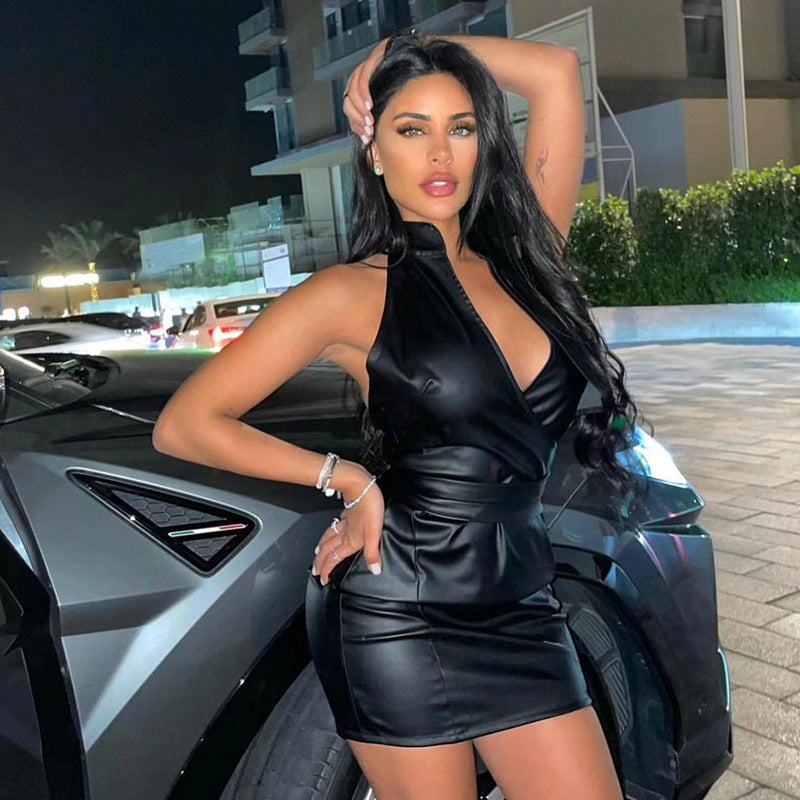 Ravenna – PU Leather Slit Suspender Skirt Dress