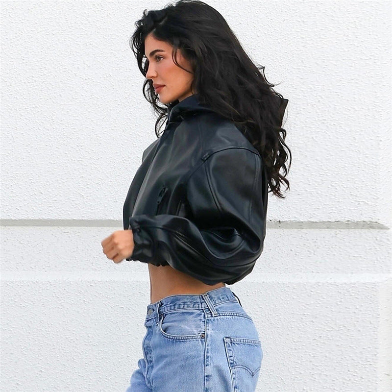 Roxelle – Cropped PU Leather Hooded Jacket