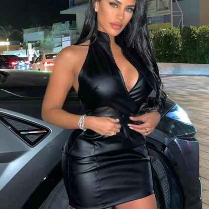 Ravenna – PU Leather Slit Suspender Skirt Dress