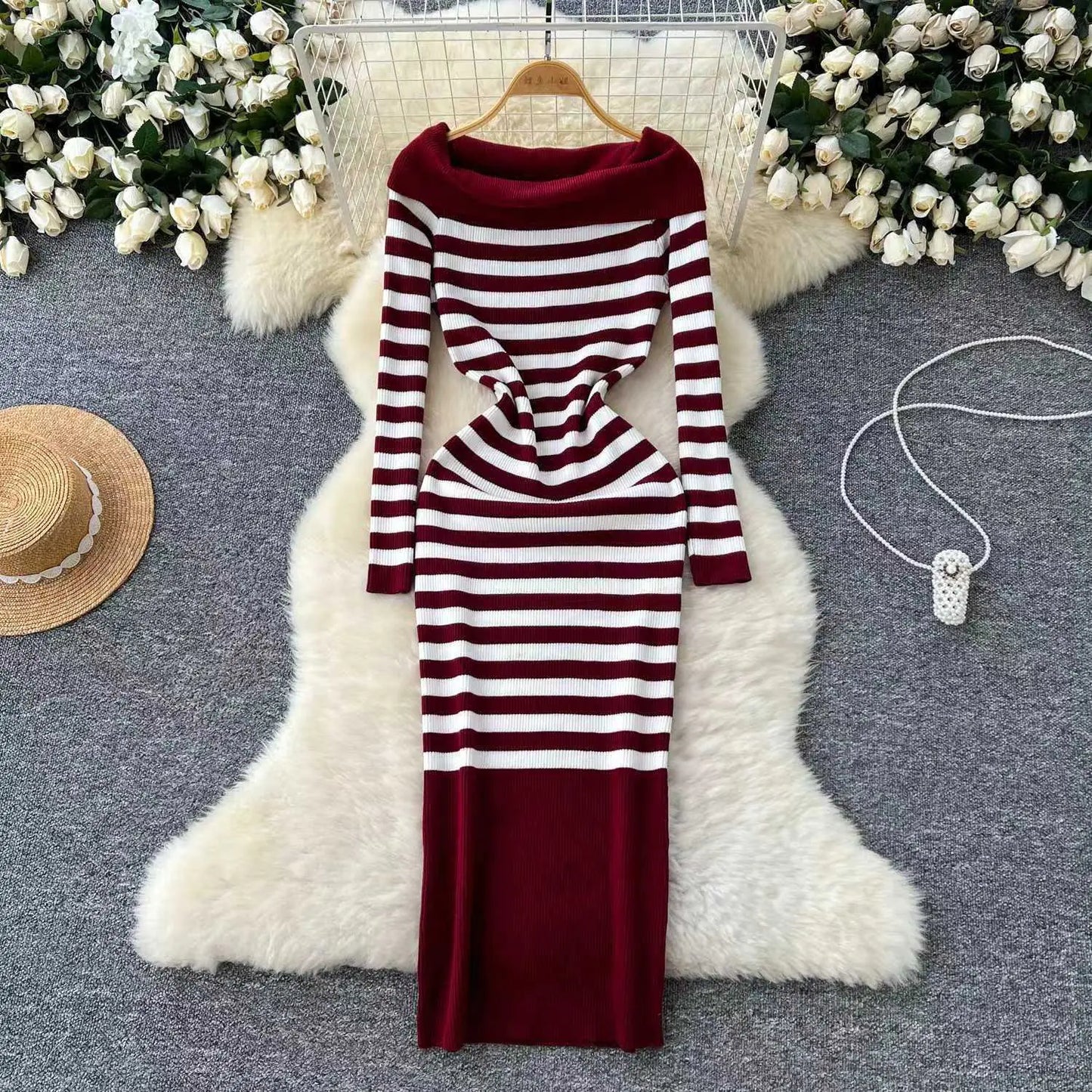 Off-Shoulder Knit Sheath Dress