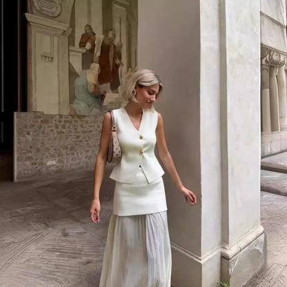 Women's Knitted Vest & Pleated Skirt Set