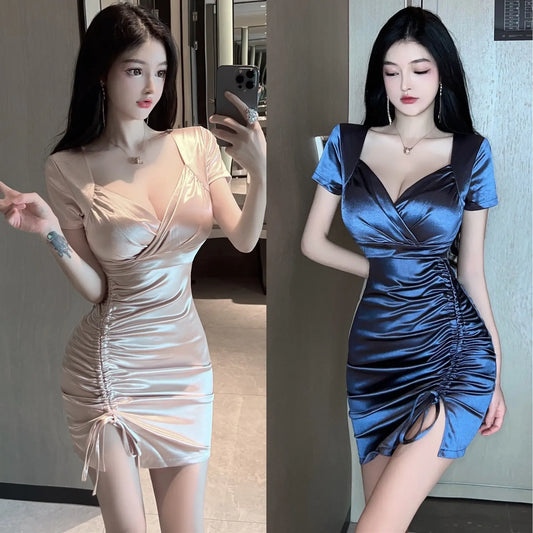 Pleated Drawstring Short Sleeve Tight Dress