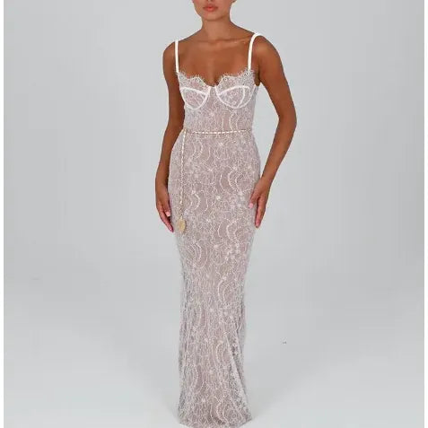 Lace Spliced Sling Long Dress