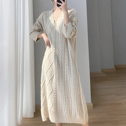 Apricot Cable-Knit Sweater Dress