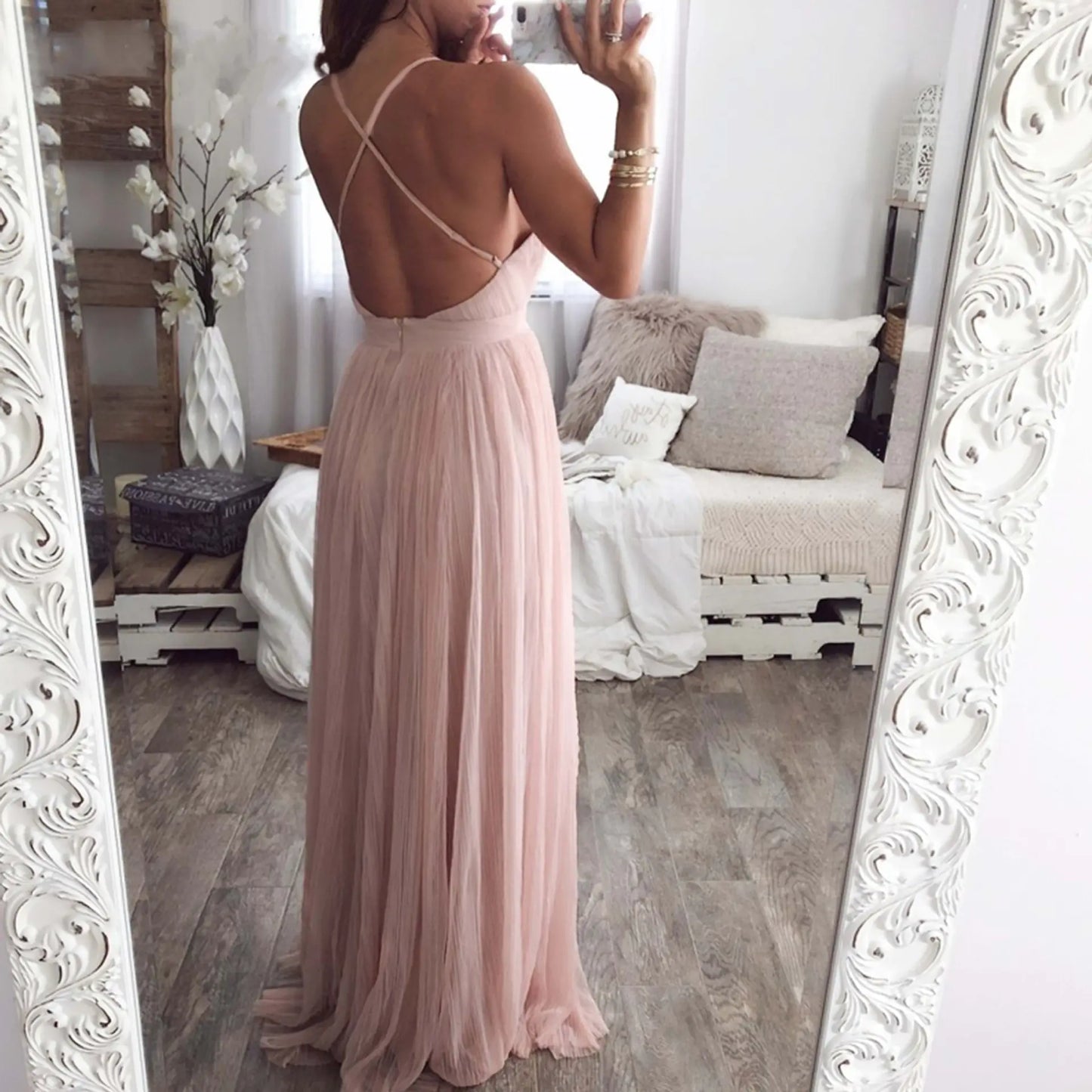 Rosé Allure Deep V-Neck Dress with Mesh Detail Pink Elegance