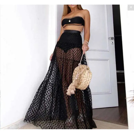 Noir Polka Sheer Skirt | Black Mesh Maxi Cover-Up