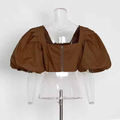 Autumn Fashion Square Collar Bubble Sleeve Tops for Women