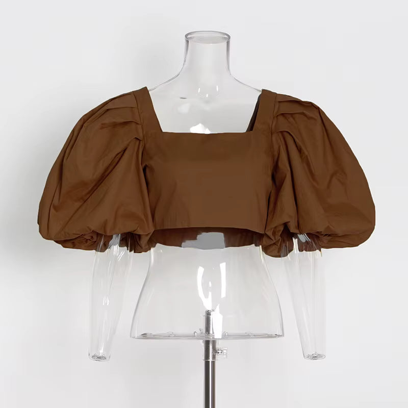 Autumn Fashion Square Collar Bubble Sleeve Tops for Women