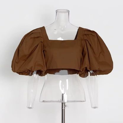 Autumn Fashion Square Collar Bubble Sleeve Tops for Women