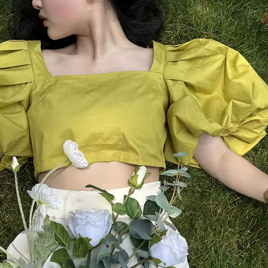 Autumn Fashion Square Collar Bubble Sleeve Tops for Women