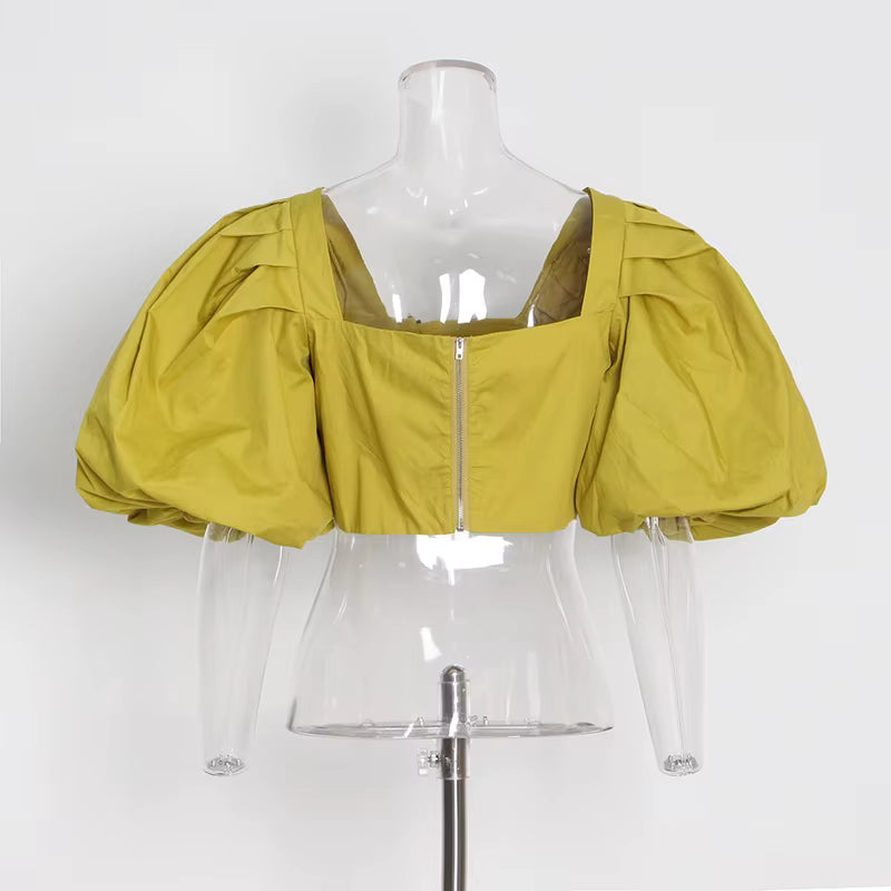 Autumn Fashion Square Collar Bubble Sleeve Tops for Women