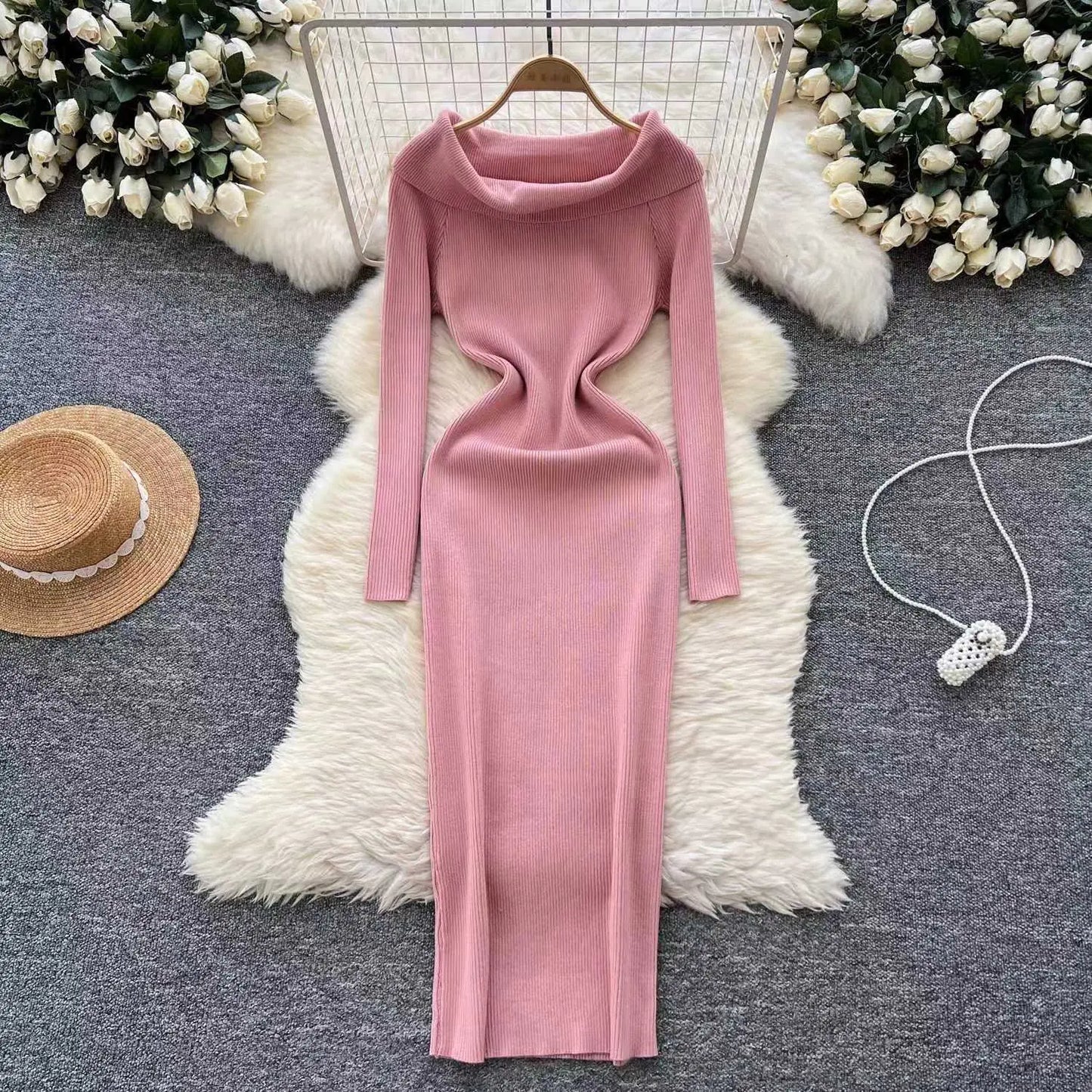 Off-Shoulder Knit Sheath Dress