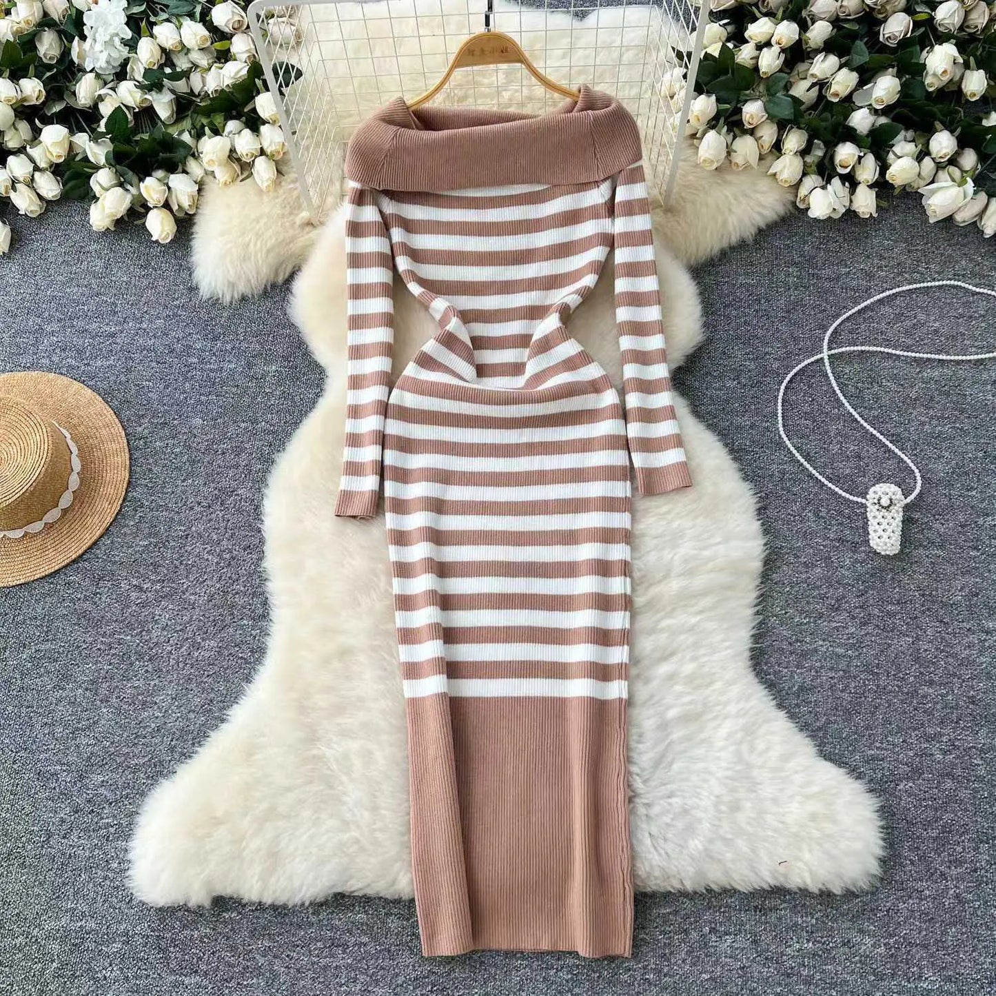 Off-Shoulder Knit Sheath Dress
