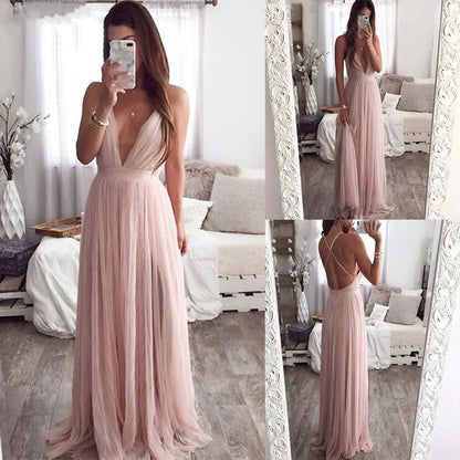 Rosé Allure Deep V-Neck Dress with Mesh Detail Pink Elegance